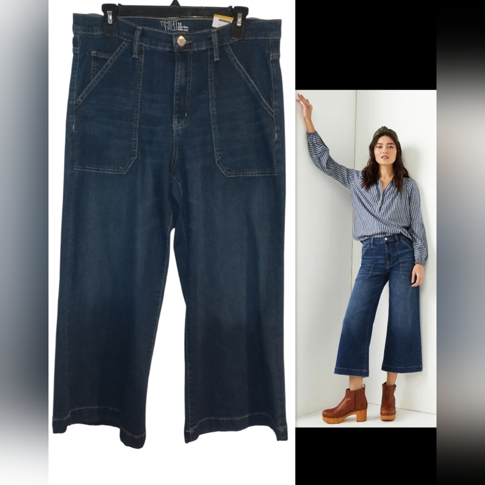 Time & True High Rise Size 12 Dark Jeans Women's Blue Wide-Leg Cropped Jeans